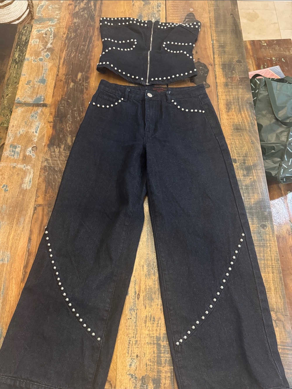 Black Studded Denim Two-Piece Set - Corset Top & Wide Leg Jeans